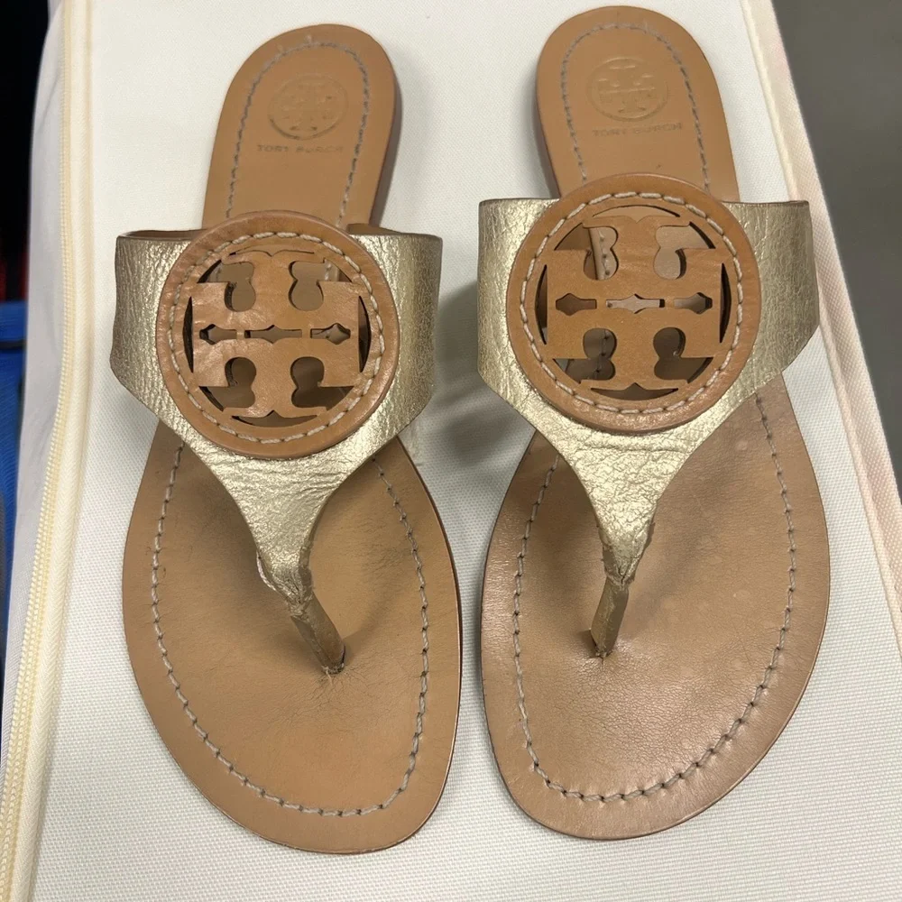 Tory Burch Women's Gold Tan Thong Sandals Sz 7.5